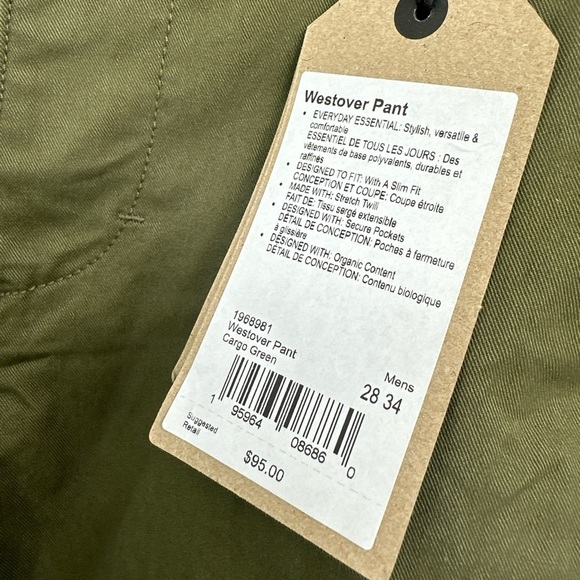 NWT Prana Westover Pants Mens Green Straight Slim Tapered Hiking Stretch 28x34 - Picture 6 of 10